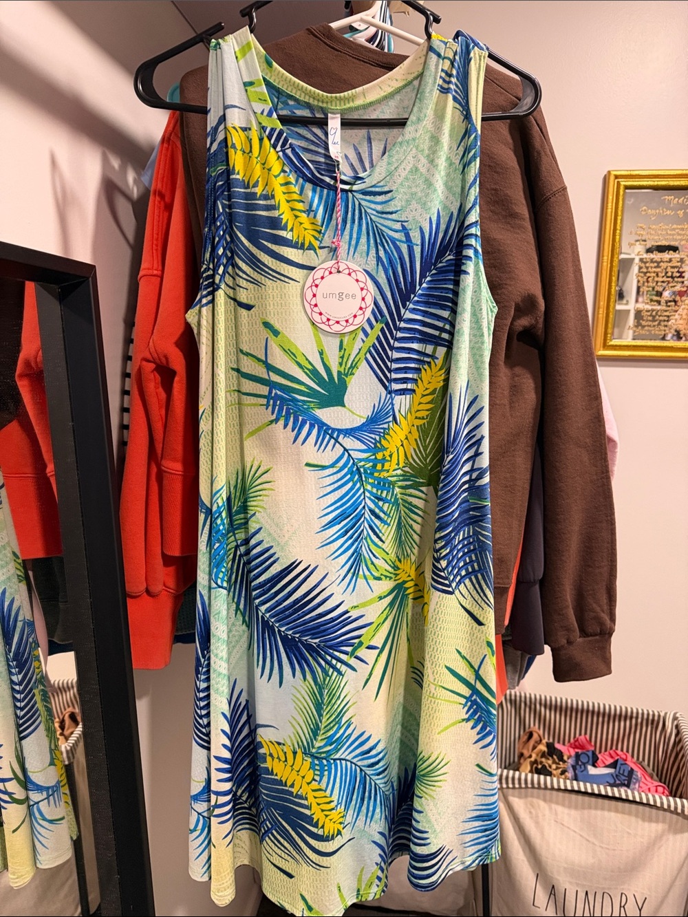 Umgee Blue Green Yellow Palm Print Dress